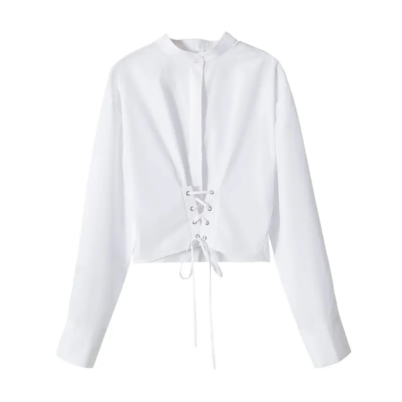 Damen Taillierte Kurzbluse mit vorderer Schnürung und Stehkragen Drune