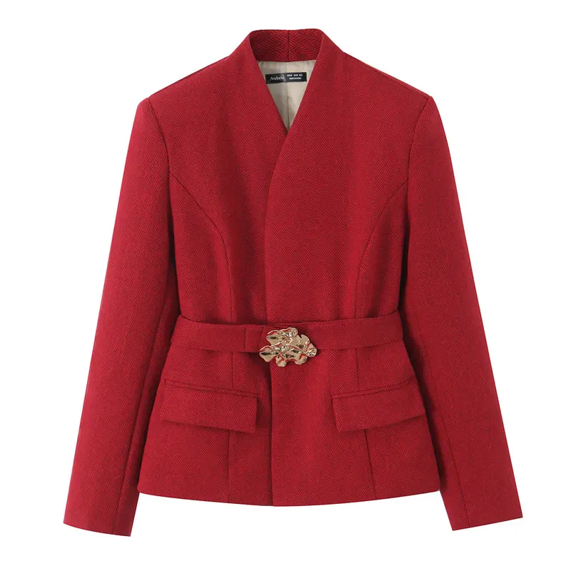 Damen Taillierte Kurzjacke mit Wickelkragen und goldener Zierschließe Drune