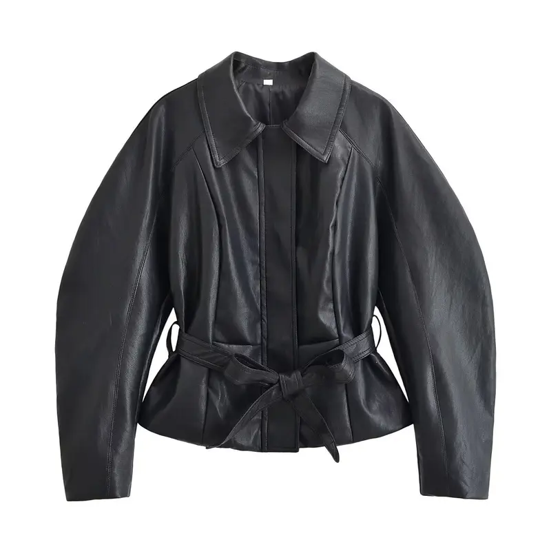 Damen Taillierte Lederoptik‑Jacke mit Bindegürtel und überschnittenen Ärmeln Drune