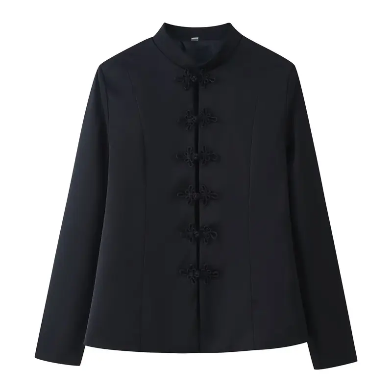 Damen Taillierte Mandarinkragen-Jacke mit dekorativen Kordelknöpfen Drune