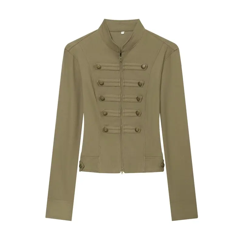 Damen Taillierte Militärinspirierte Kurzjacke mit Stehkragen und Zierknopfleisten Drune