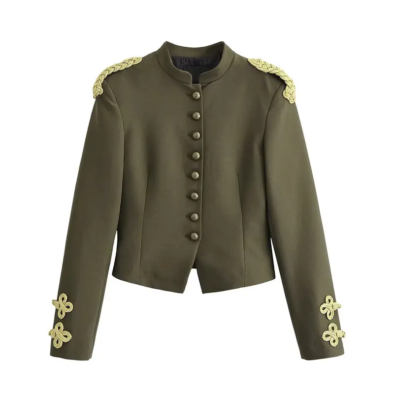 Damen taillierte militärische Kurzjacke mit Stehkragen, Epauletten und verzierten Zierknoten Drune
