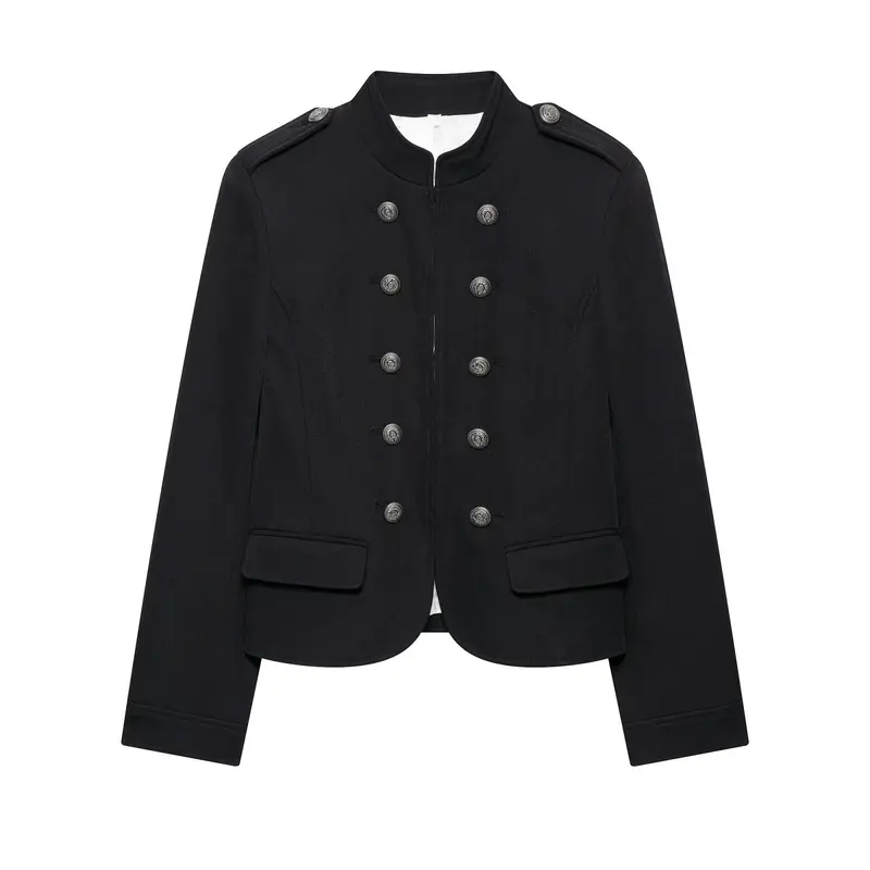 Damen Taillierte Military-Shortjacke mit Stehkragen und Doppelreihe Drune