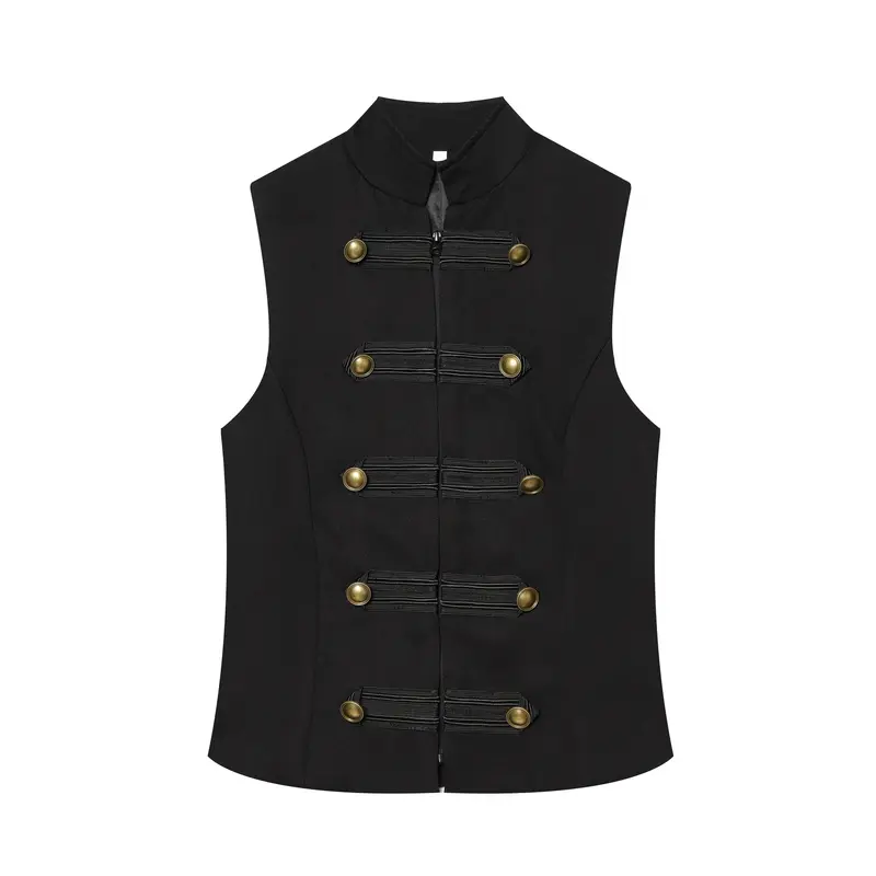 Damen Taillierte Military‑Weste mit Stehkragen und Zierriegeln Drune