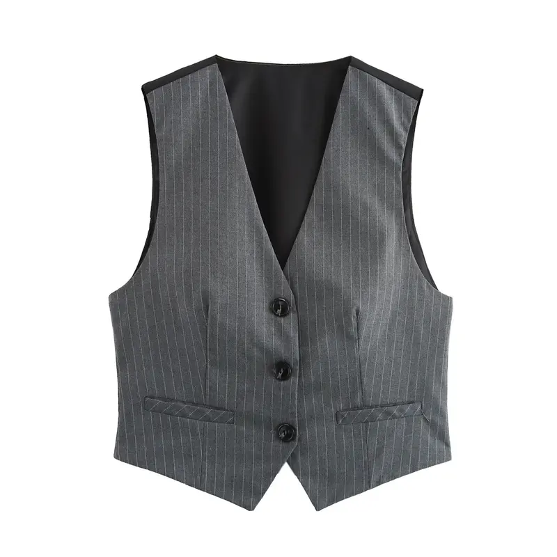Damen Taillierte Nadelstreifen-Weste mit Reversloser Silhouette und Leistentaschen Drune