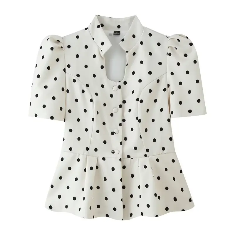 Damen Taillierte Polka‑Dot Bluse mit Stehkragen, Puffärmeln und Schößchen Drune
