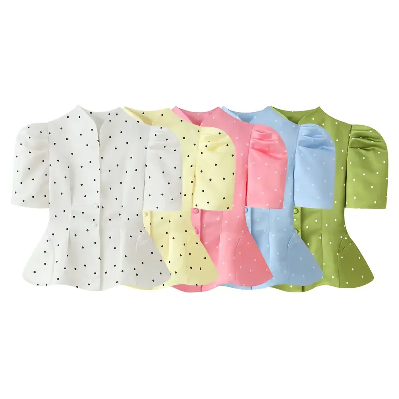 Damen Taillierte Satinbluse mit Puffärmeln, Stehkragen und Polka‑Dot‑Print Drune
