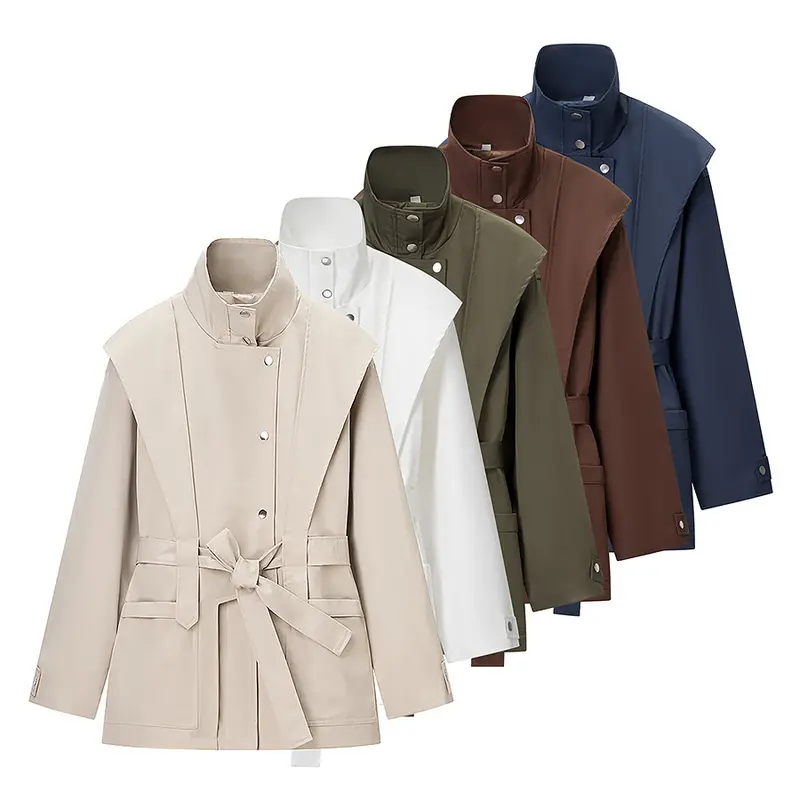 Damen Taillierte Übergangsjacke mit Stehkragen, Schultercape und Bindegürtel Drune