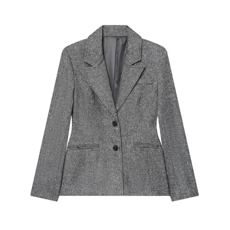 Damen Taillierter Blazer im Fischgrätmuster mit Reverskragen und Pattentaschen Drune