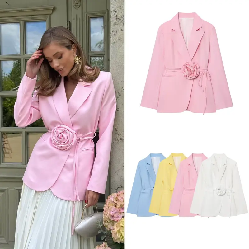 Damen Taillierter Blazer mit Deko‑Rosen‑Gürtel und Reverskragen Drune