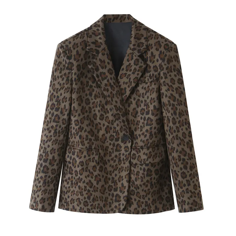 Damen Taillierter Blazer mit Leopardenprint, Reverskragen und Pattentaschen Drune