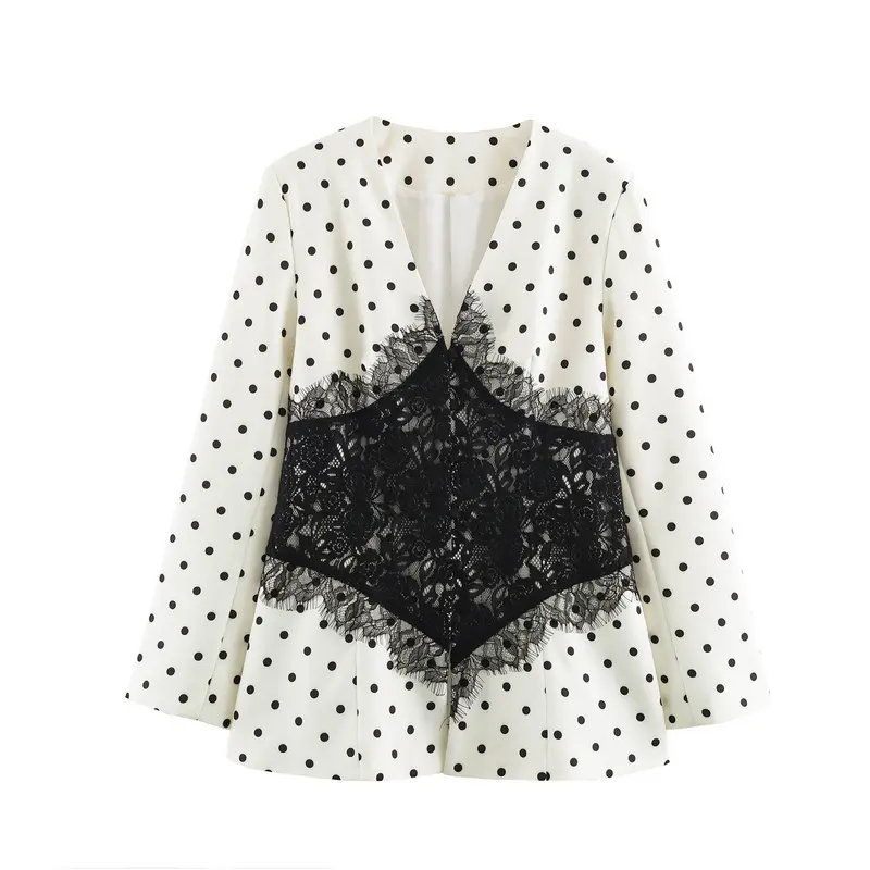 Damen Taillierter Blazer mit Spitzenbesatz und Punktemuster Drune