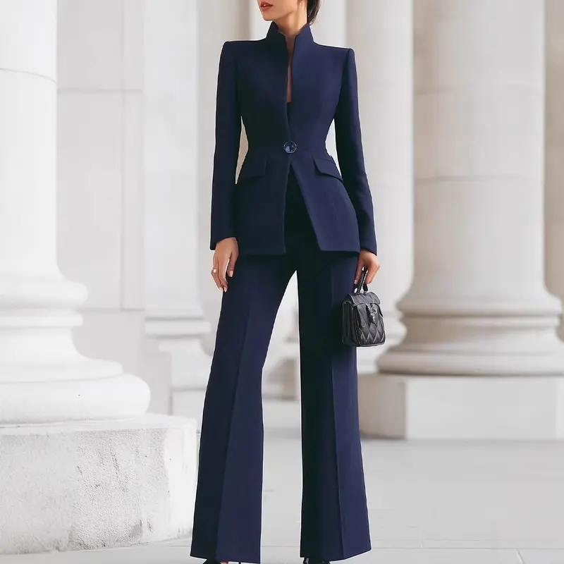 Damen Taillierter Blazer mit Stehkragen und High‑Waist ausgestellte Hose Drune