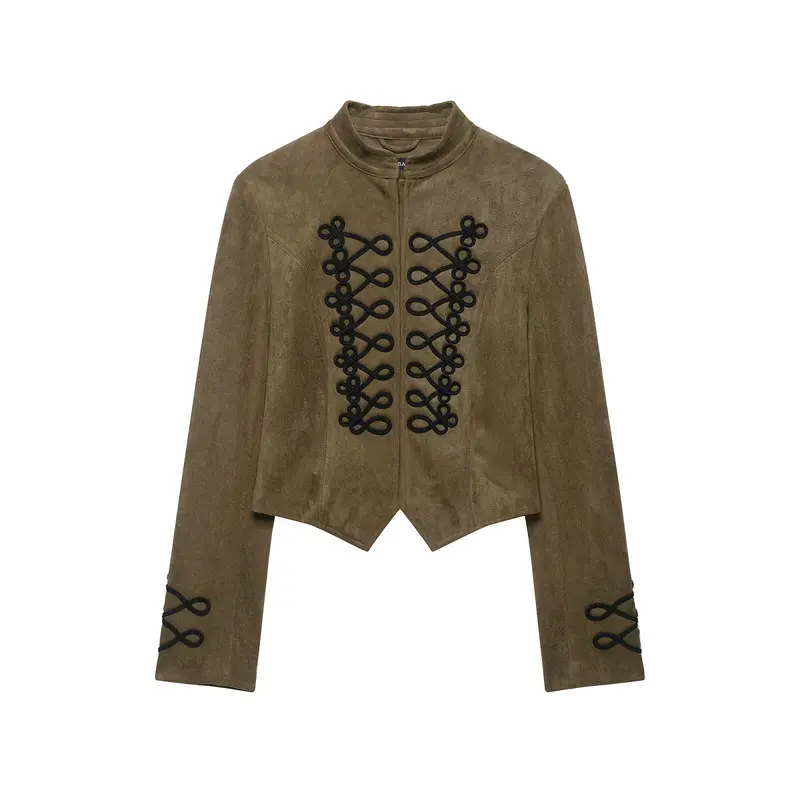Damen Taillierter Cropped‑Veloursleder‑Blouson mit militärischer Kordelapplikation und Stehkragen Drune