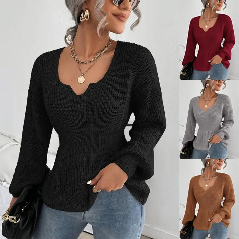 Damen Taillierter Feinstrickpullover mit eingekerbtem V-Ausschnitt, taillenbetonter Rippzone und Ballonärmeln Drune