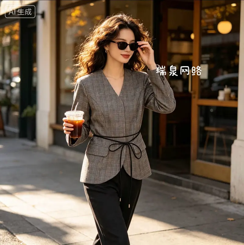 Damen Taillierter Glencheck-Blazer mit V‑Ausschnitt und Wickelgürtel Drune