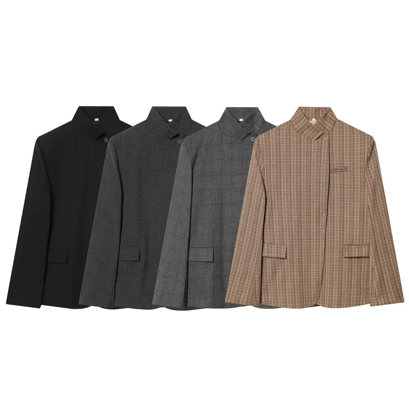 Damen Taillierter karierter Blazer mit Stehkragen und verdeckter Knopfleiste Drune