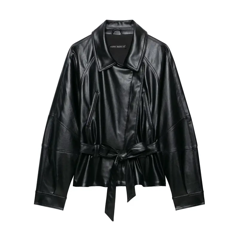 Damen Taillierter Kunstleder-Blazer mit Bindegürtel und Schalkragen Drune