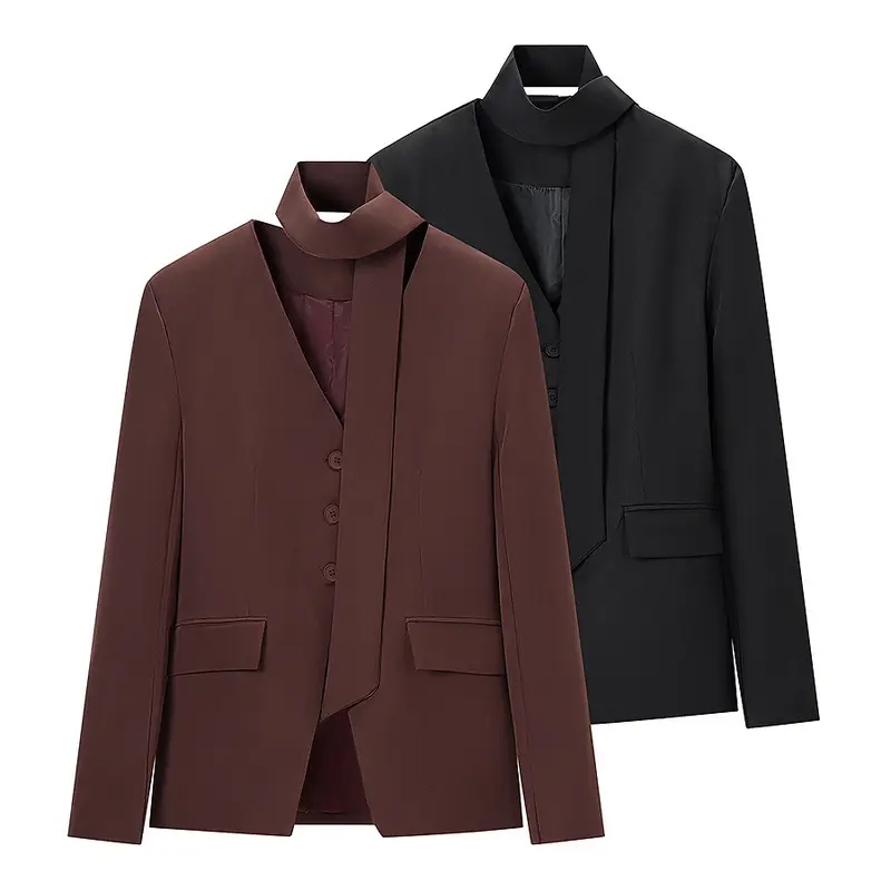 Damen Taillierter Kurzblazer mit Schluppe, V-Ausschnitt und Pattentaschen Drune