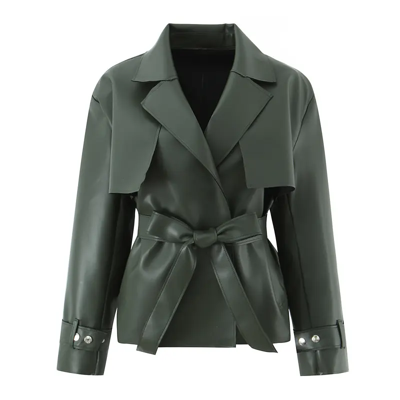 Damen Taillierter Kurzer Trenchcoat aus veganer Lederoptik mit Bindegürtel und Cape-Detail Drune