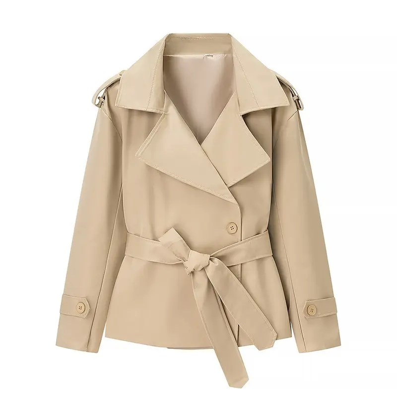 Damen Taillierter kurzer Trenchcoat mit Bindegürtel und Epauletten Drune