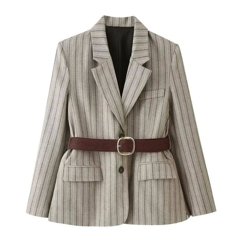 Damen Taillierter Leinenmix-Blazer mit Nadelstreifen, Pattentaschen und Taillengürtel-Detail Drune