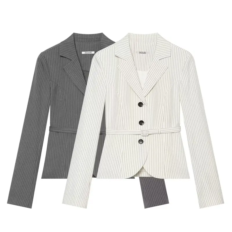 Damen Taillierter Nadelstreifen-Blazer mit Gürtel und Dreiknopfverschluss Drune