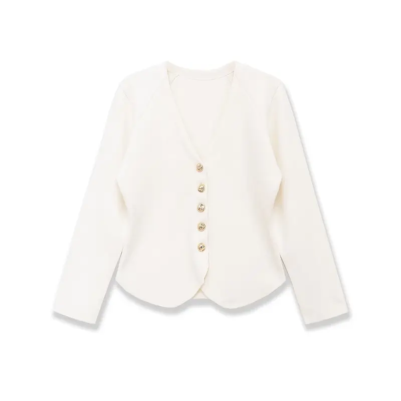 Damen Taillierter Rippstrick-Blazer-Cardigan mit V‑Ausschnitt und Zierknöpfen Drune