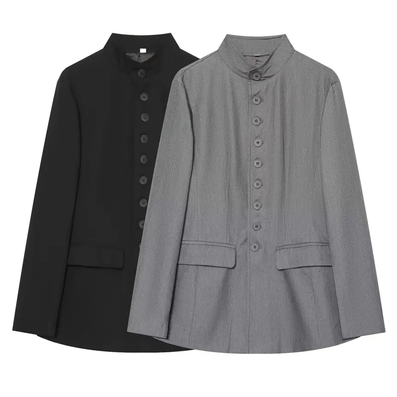 Damen taillierter Stehkragen-Blazer mit durchgehender Knopfleiste Drune