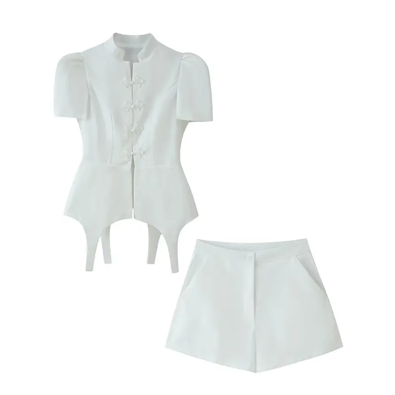 Damen Taillierter Zweiteiler mit Korsagen-Top, Mandarin-Kragen und High‑Waist Tailored Shorts Drune