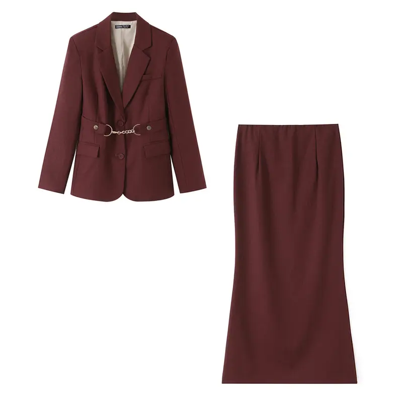 Damen Tailliertes Blazer- und Midirock-Set mit Zierkettengürtel Drune