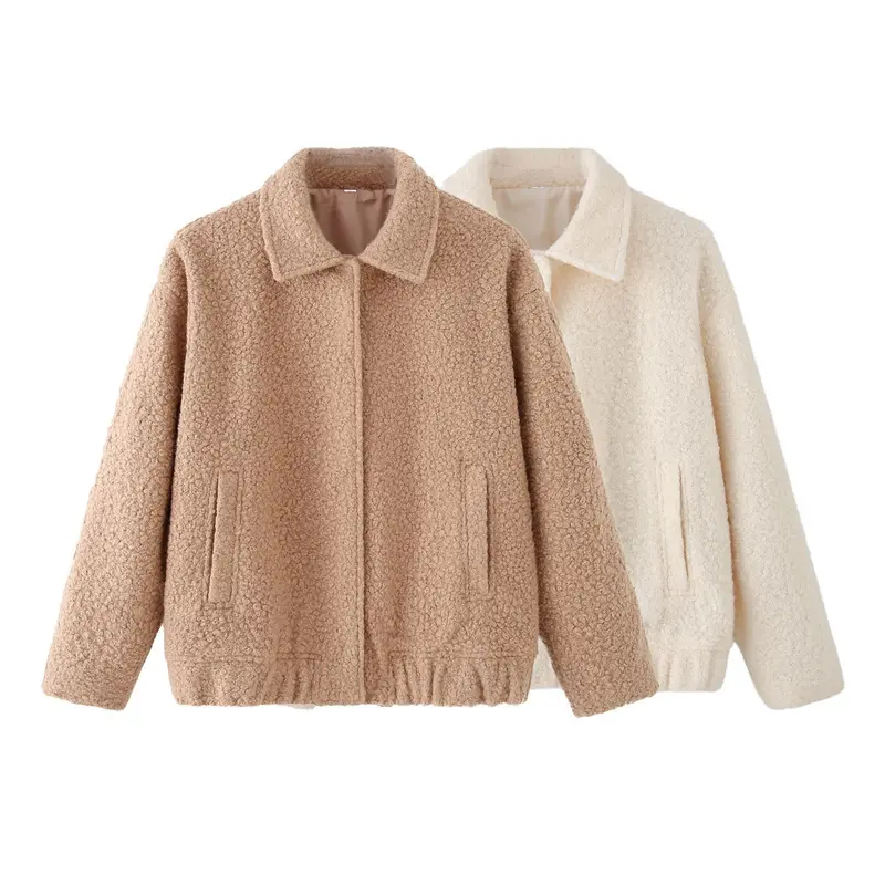 Damen Teddy-Boxy-Jacke mit Hemdkragen, Eingrifftaschen und elastischem Saum Drune
