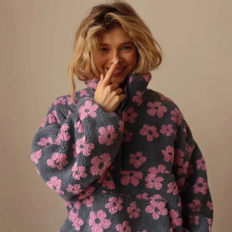 Damen Teddy-Fleece-Overheadjacke mit Stehkragen, Blumenrelief und Halbreißverschluss Drune