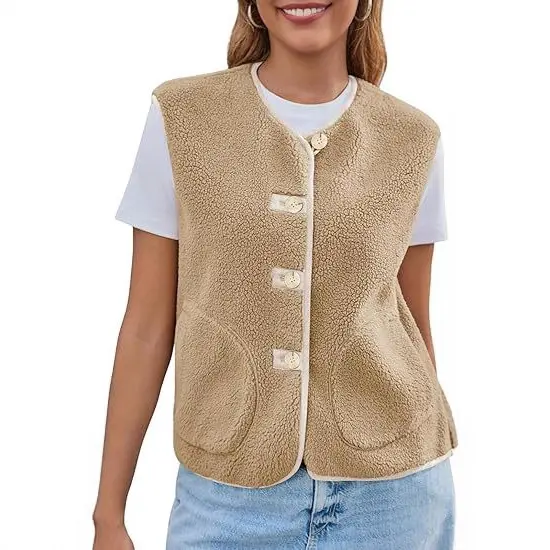 Damen Teddy-Fleece-Weste mit Rundhalsausschnitt und Knopfverschluss Drune