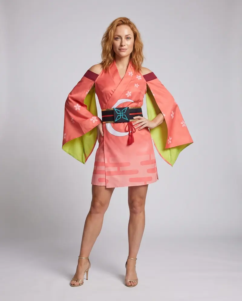 Damen traditionelles Kimono-Kleid mit kunstvollen Verzierungen und elegantem Bindegürtel Drune
