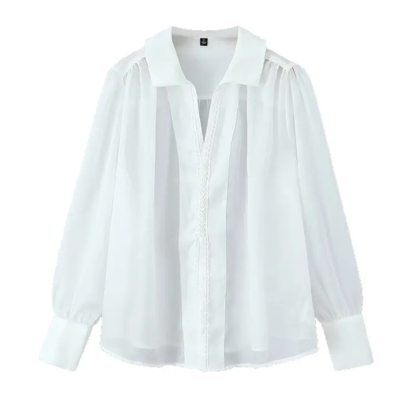Damen Transparente Chiffon-Bluse mit Spitzenbesatz, Ballonärmeln und breiten Manschetten Drune