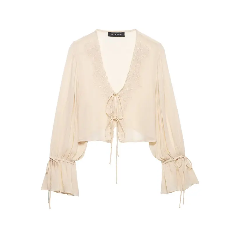Damen Transparente Chiffon-Bolerobluse mit tiefem V-Ausschnitt, Spitzendetail und Bindebändern Drune