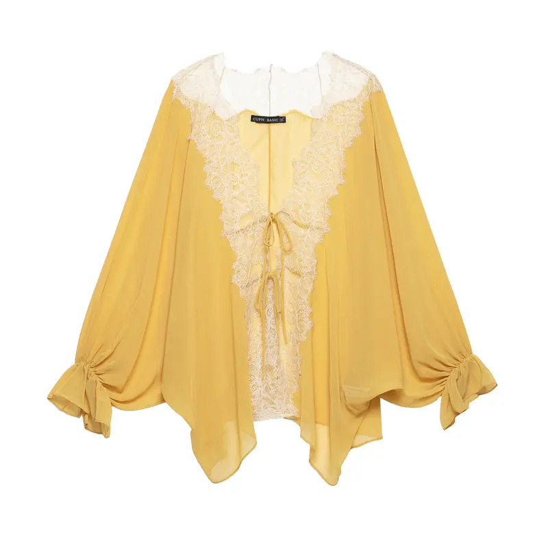 Damen Transparente Chiffon-Überwurfbluse mit Spitzenbesatz und Bindebändern Drune