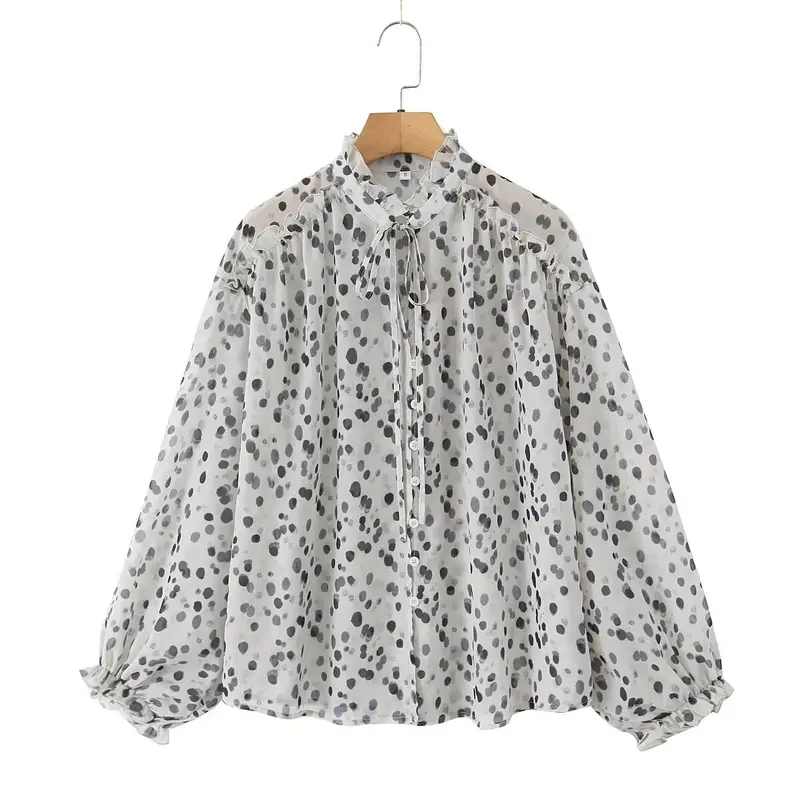 Damen Transparente Chiffonbluse mit Tupfenprint, Stehkragen und voluminösen Rüschenärmeln Drune