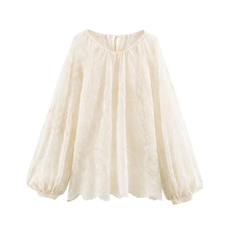 Damen Transparente Spitzenbluse im Peasant‑Stil mit Ballonärmeln Drune