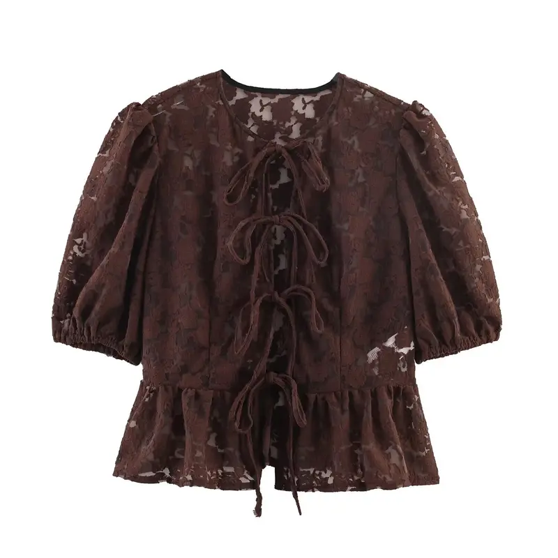 Damen Transparente Spitzenbluse mit frontalen Bindebändern und Volant‑Saum Drune