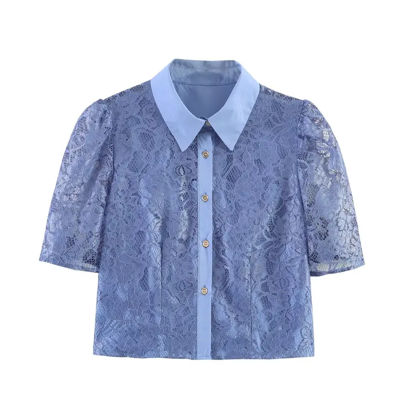 Damen Transparente Spitzenbluse mit Hemdkragen und Puffärmeln Drune
