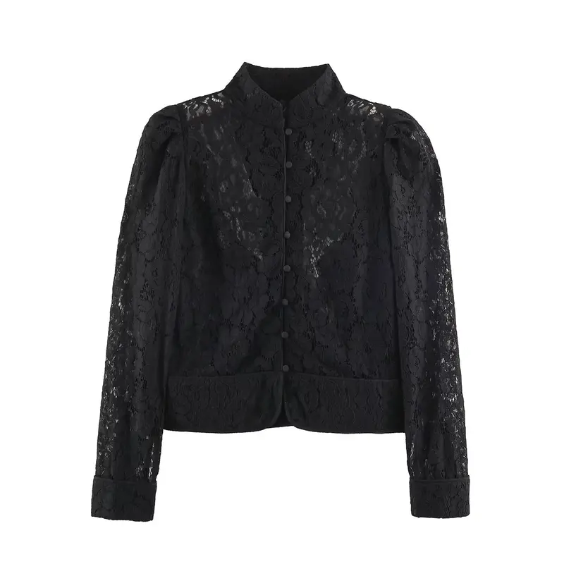Damen Transparente Spitzenbluse mit Stehkragen, Puffärmeln und Manschetten Drune