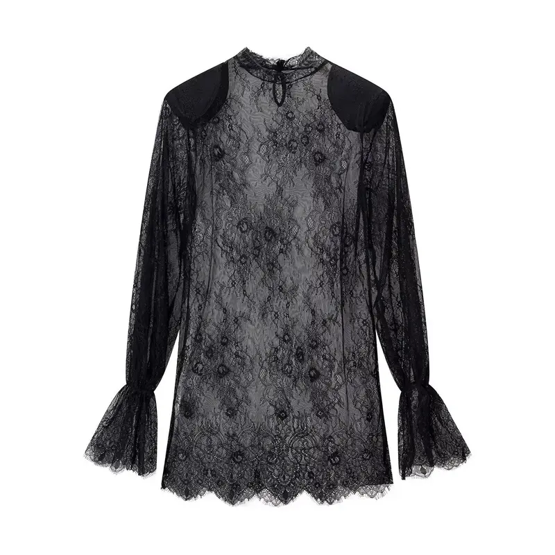 Damen transparente Spitzenbluse mit Stehkragen, Trompetenärmeln und Spitzensaum Drune