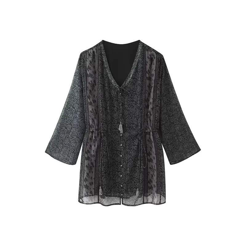 Damen Transparentes Boho-Tunika-Kleid mit V-Ausschnitt, Kordelzug und Quasten Drune