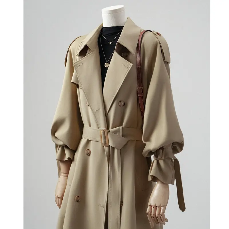 Damen Trenchcoat mit Ballonärmeln, doppelreihiger Schnitt und Taillengürtel Drune