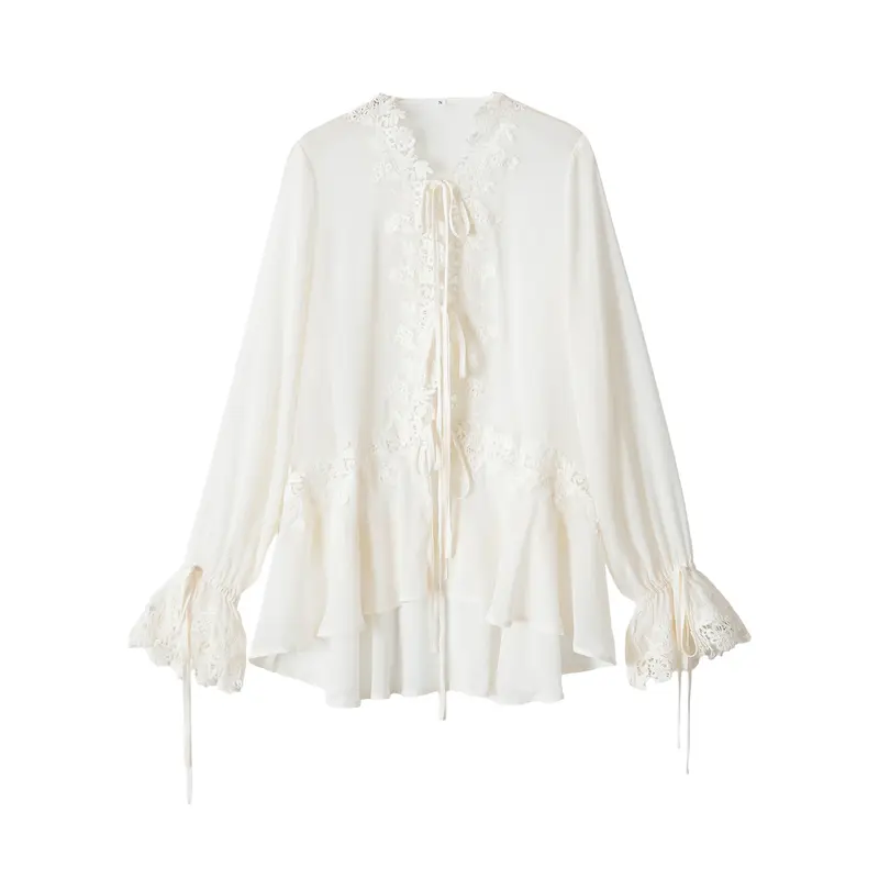 Damen Tunika-Bluse mit Spitzenapplikation, Bindebändern und Volantsaum Drune