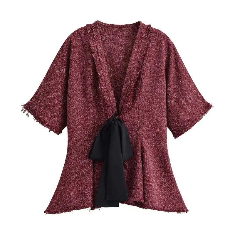 Damen Tweed-Kimonojacke mit Fransenbesatz und dekorativem Bindeschal Drune