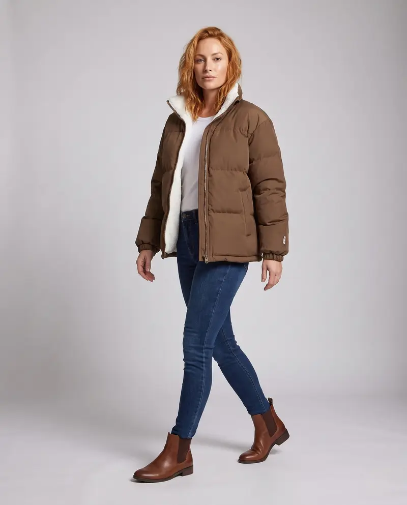 Damen Übergröße Thermo-Pufferjacke mit Teddy-Futter, Hohem Komfortkragen und Elastischen Bündchen