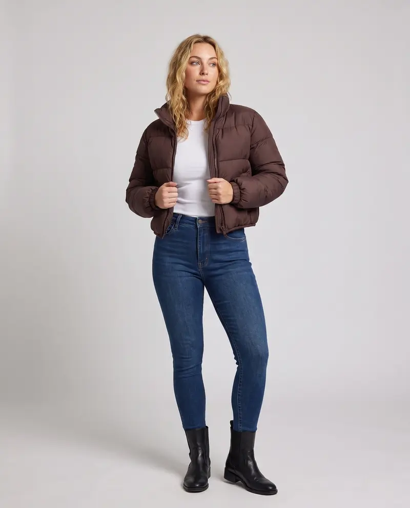 Damen ultraleichte kapuzenlose oversized Pufferjacke mit hohem Stehkragen, leiser Außenschicht und thermisch isolierender Füllung